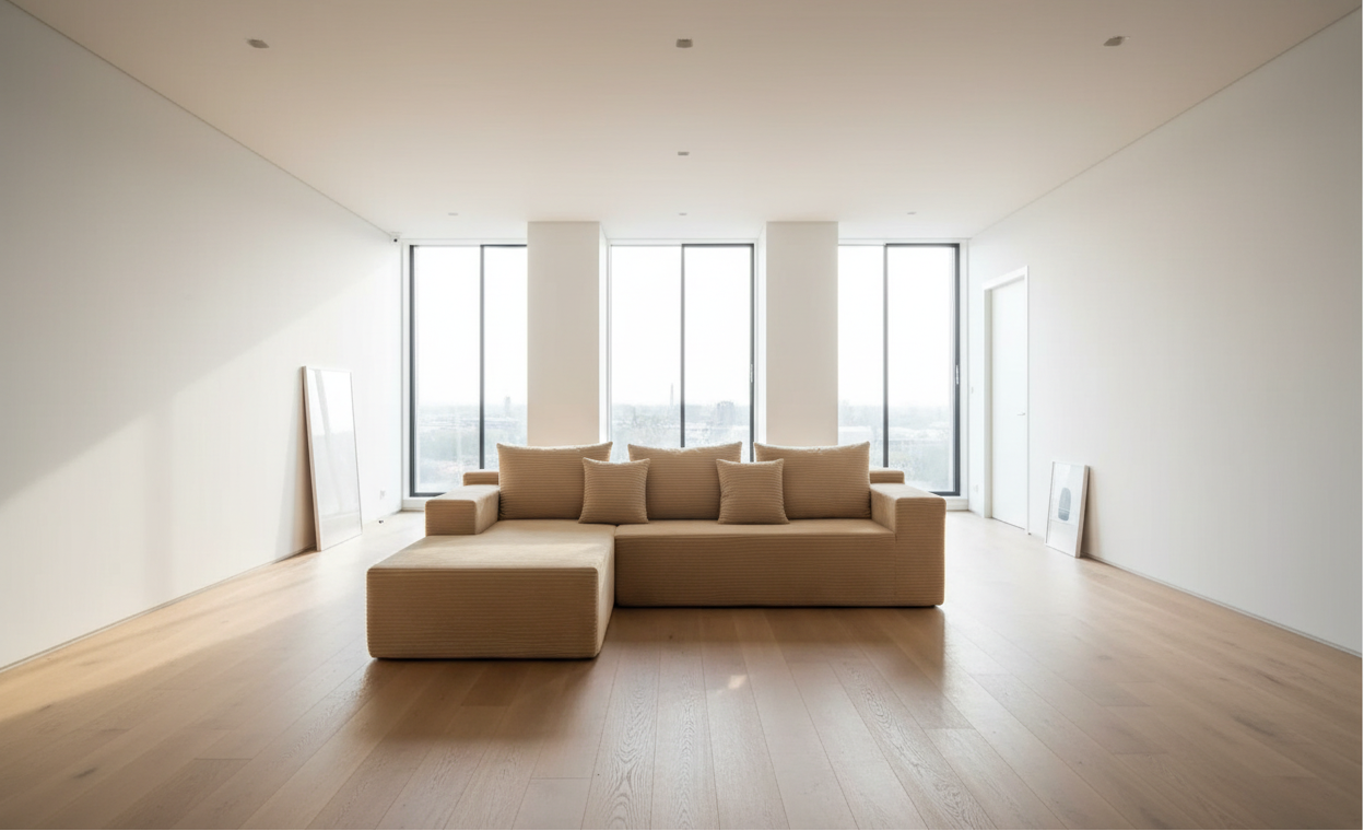 Canapé d angle Maison Noon en velours côtelé noir dans un salon